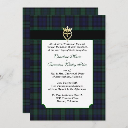 Klassiek zwart horloge Tartan bruiloft uitnodiging (Voorkant / Achterkant)