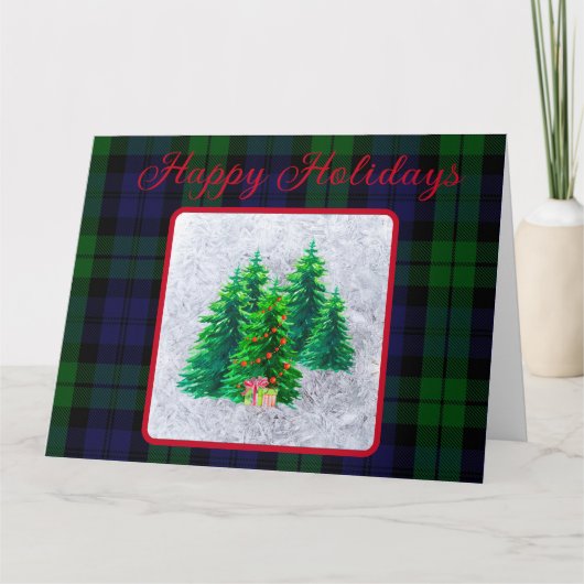 Klassiek Zwart Horloge Tartan Kerstbomen Custom Kaart (Voorkant)