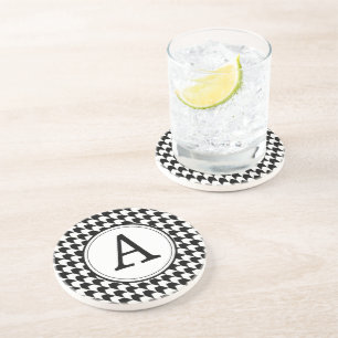 Klassiek zwart houndstooth patroon monogram zandsteen onderzetter