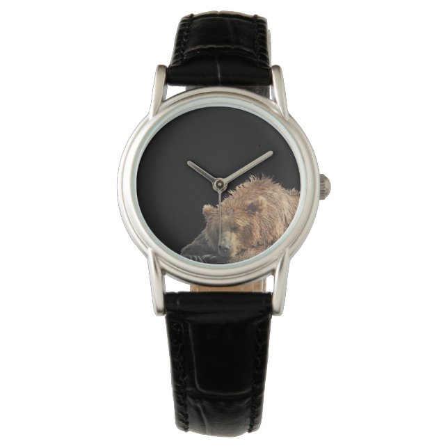 Klassiek zwart leder horloge met grizzly beer (Voorkant)