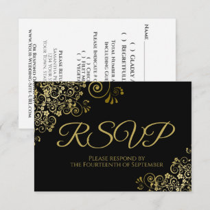 Klassiek zwart met elegant Gold Lace Wedding RSVP Kaartje