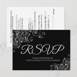 Klassiek zwart met Elegant Zilveren Frills Bruilof RSVP Kaartje
