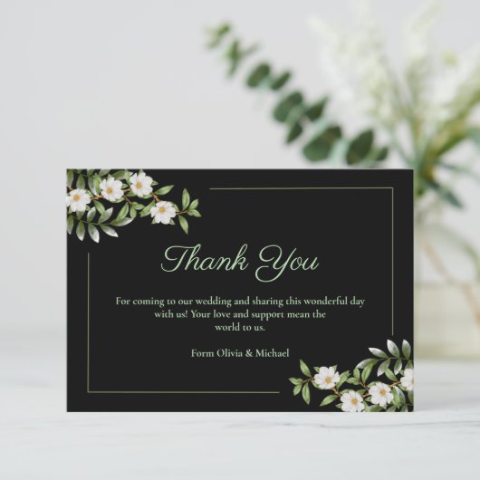 Klassiek zwart met witte Camellia bruiloft Bedankkaart (Staand voorkant)