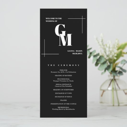 Klassiek Zwart Modern Chic Monogram QR Code Bruilo Programmakaart (Staand voorkant)