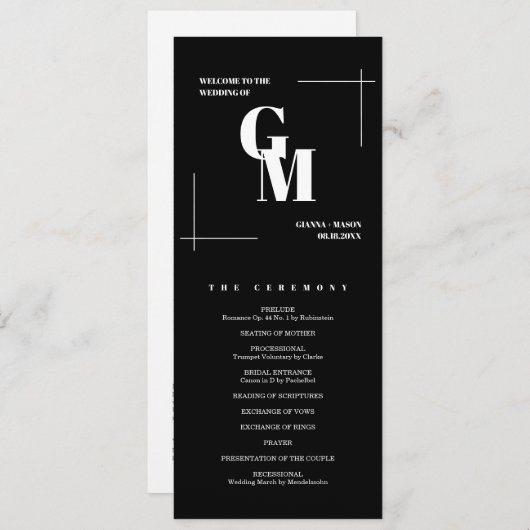 Klassiek Zwart Modern Chic Monogram QR Code Bruilo Programmakaart (Voorkant / Achterkant)