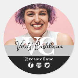 Klassiek zwart Modern Script naam & aangepaste fot Ronde Sticker