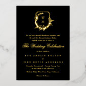 Klassiek zwart monogram bruiloft gouden kuif folie uitnodiging (Voorkant)