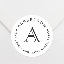 Klassiek zwart monogram familienaam retouradres ronde sticker