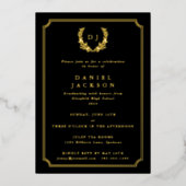 Klassiek zwart monogram + lauwerkrans afstuderen folie uitnodiging (Voorkant)