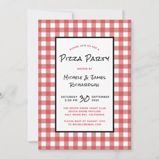 Klassiek Zwart Rood Wit Gingham Pizza Feest Kaart (Voorkant)