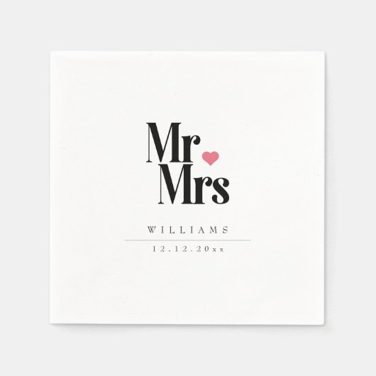 Klassiek zwart serif | Mr en Mrs Heart Monogram Servet (Voorkant)