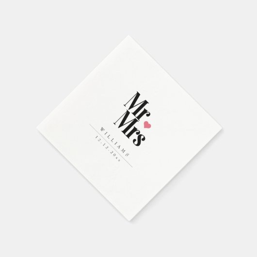 Klassiek zwart serif | Mr en Mrs Heart Monogram Servet (Hoek)