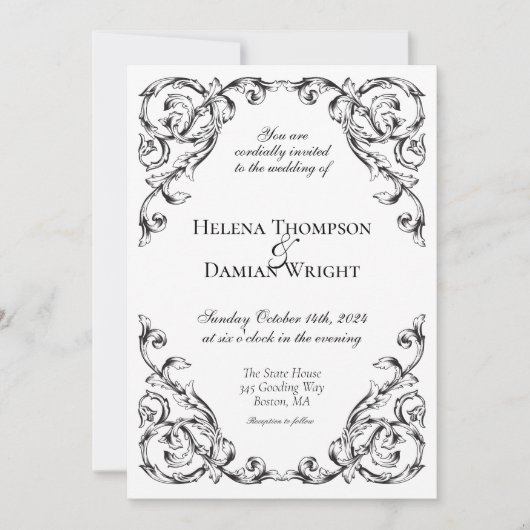 Klassiek Zwart & Wit Barok Bruiloft Kaart (Voorkant)