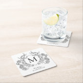 Klassiek zwart-wit bloemenborstmonogram kartonnen onderzetters (Insitu)