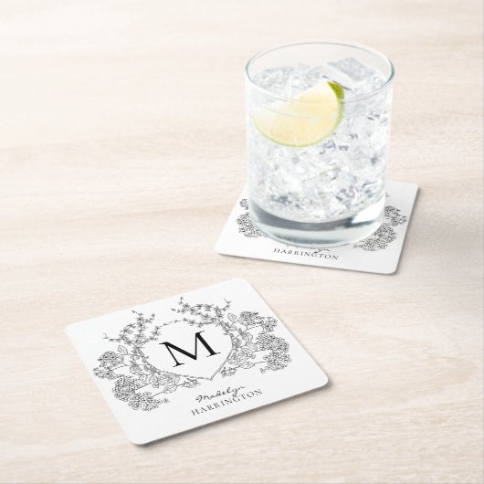 Klassiek zwart-wit bloemenborstmonogram kartonnen onderzetters (Insitu)