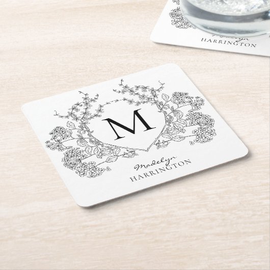 Klassiek zwart-wit bloemenborstmonogram kartonnen onderzetters (Schuin)