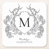 Klassiek zwart-wit bloemenborstmonogram kartonnen onderzetters (Voorkant)