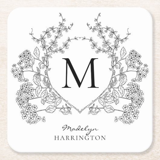 Klassiek zwart-wit bloemenborstmonogram kartonnen onderzetters (Voorkant)