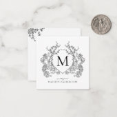 Klassiek zwart-wit bloemenborstmonogram notitiekaartje (Voorkant / Achterkant in situ)