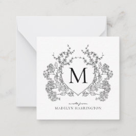 Klassiek zwart-wit bloemenborstmonogram notitiekaartje