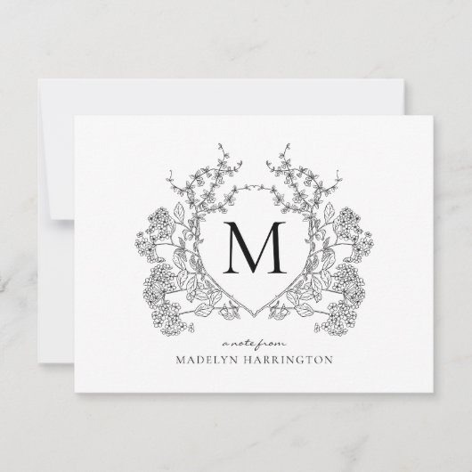 Klassiek zwart-wit bloemenborstmonogram notitiekaartje (Voorkant)