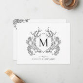 Klassiek zwart-wit bloemenborstmonogram notitiekaartje (Voorkant / Achterkant in situ)