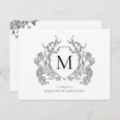 Klassiek zwart-wit bloemenborstmonogram notitiekaartje (Voorkant / Achterkant)