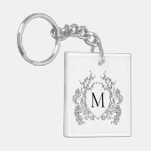 Klassiek zwart-wit bloemenborstmonogram sleutelhanger (Voorkant Links)
