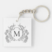 Klassiek zwart-wit bloemenborstmonogram sleutelhanger (Achterkant)