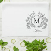 Klassiek zwart-wit bloemenborstmonogram theedoek (Gevouwen)