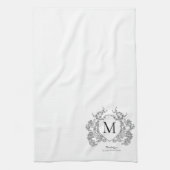 Klassiek zwart-wit bloemenborstmonogram theedoek (Verticaal)