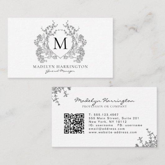 Klassiek zwart wit bloemenkam monogram QR-code Visitekaartje (Voorkant / Achterkant)