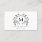 Klassiek zwart wit bloemenkam monogram QR-code Visitekaartje (Voorkant)