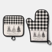 Klassiek zwart & wit buffel geruite kerst ovenwant & pannenlap set (Voorkant)