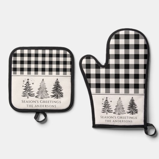 Klassiek zwart-wit buffelruit Kerstmis Ovenwant & Pannenlap Set (Voorkant)