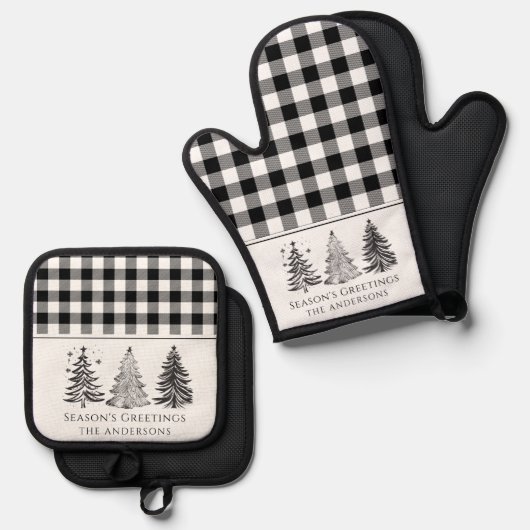 Klassiek zwart-wit buffelruit Kerstmis Ovenwant & Pannenlap Set (Voorkant / Achterkant)