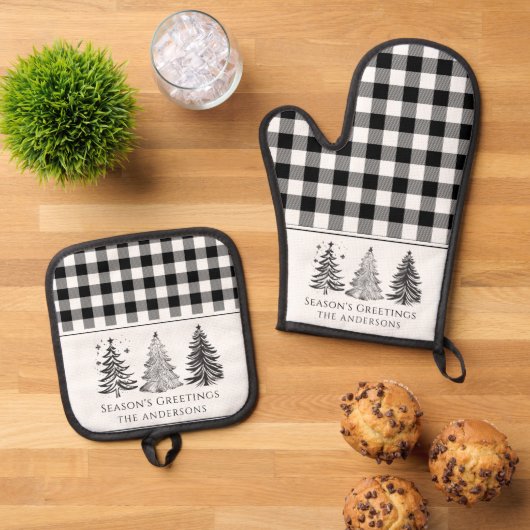 Klassiek zwart-wit buffelruit Kerstmis Ovenwant & Pannenlap Set (Top down)