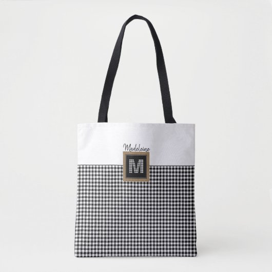 Klassiek zwart-wit Check Gingham Plays Monogram Tote Bag (Voorkant)