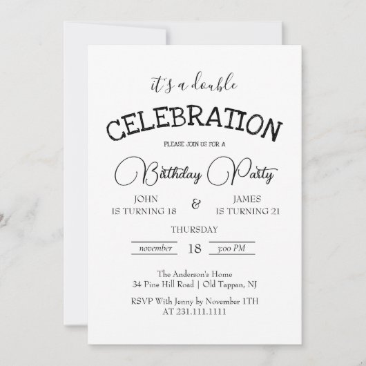 Klassiek zwart-wit dubbel verjaardagsfeest kaart (Voorkant)