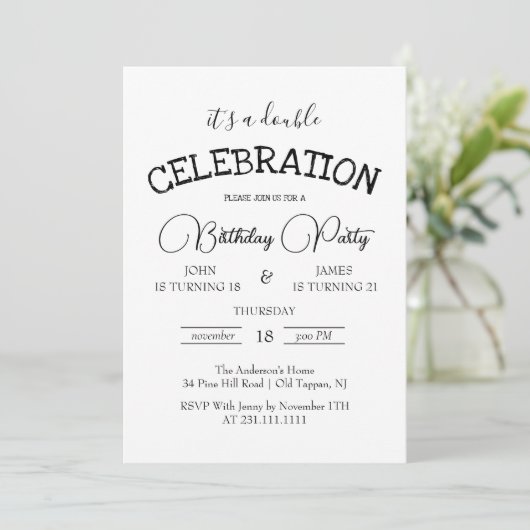 Klassiek zwart-wit dubbel verjaardagsfeest kaart (Staand voorkant)