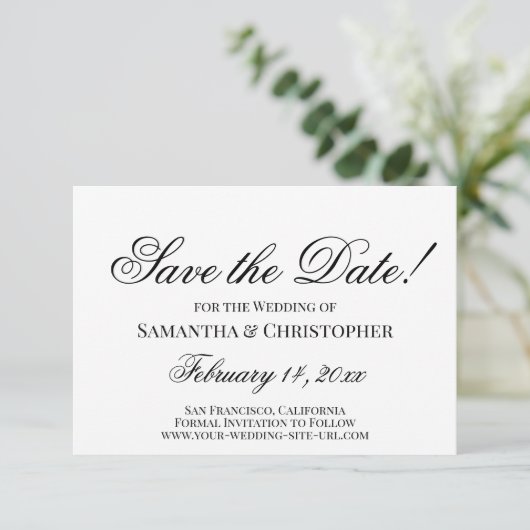 Klassiek Zwart & Wit Eenvoudig Elegant Trouwen Save The Date (Staand voorkant)