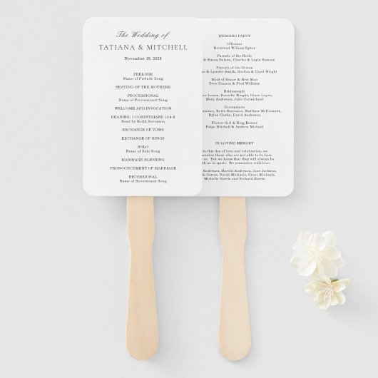 Klassiek zwart-wit elegant huwelijksprogramma handwaaier (Voorkant en achterkant)