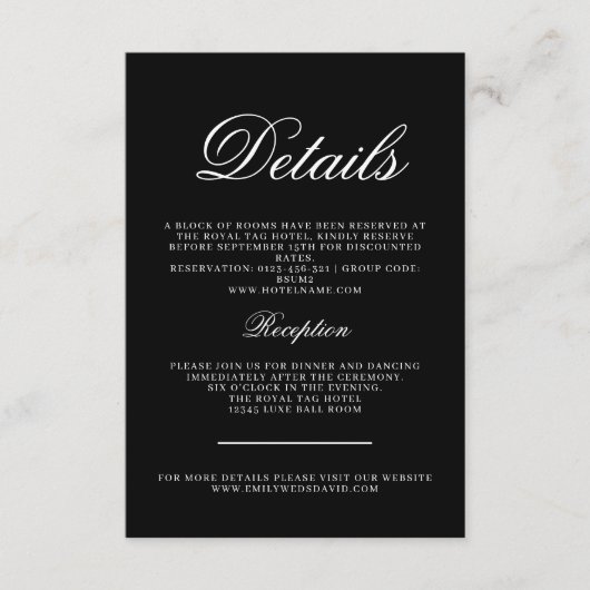 Klassiek zwart-wit Elegantie Calligrafisch Informatiekaartje (Voorkant)