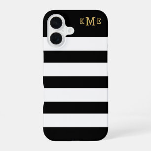 Klassiek zwart-wit gestreept monogram iPhone 16 hoesje