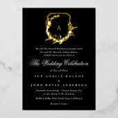 Klassiek zwart wit goud monogram kuif bruiloft folie uitnodiging (Voorkant)