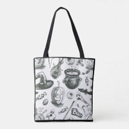 Klassiek zwart-wit Halloweenpatroon Tote Bag