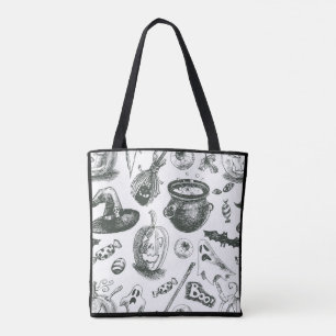 Klassiek zwart-wit Halloweenpatroon Tote Bag