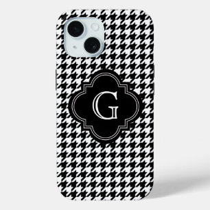 Klassiek zwart-wit houndstooth met monogram iPhone 15 case