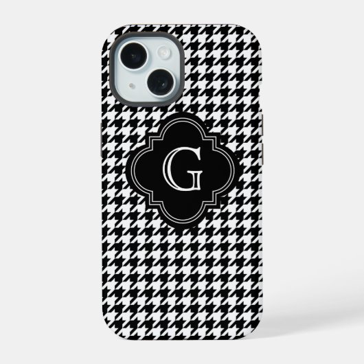 Klassiek zwart-wit houndstooth met monogram iPhone 15 case (Achterkant)