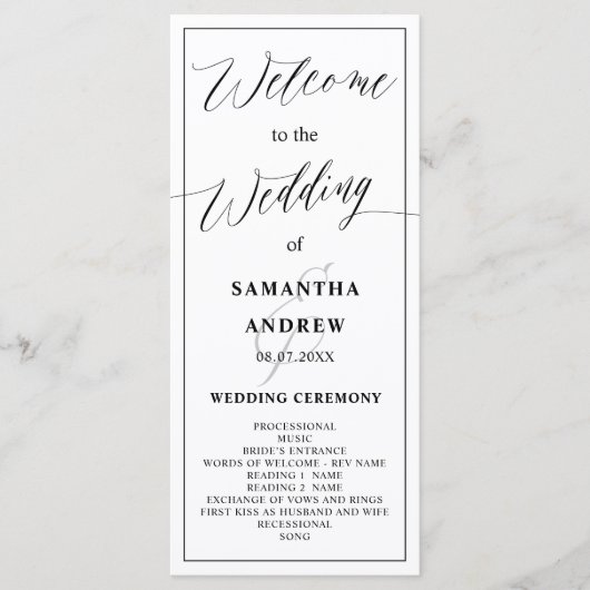 Klassiek zwart wit kalligrafie bruiloft programma programmakaart (Voorkant)